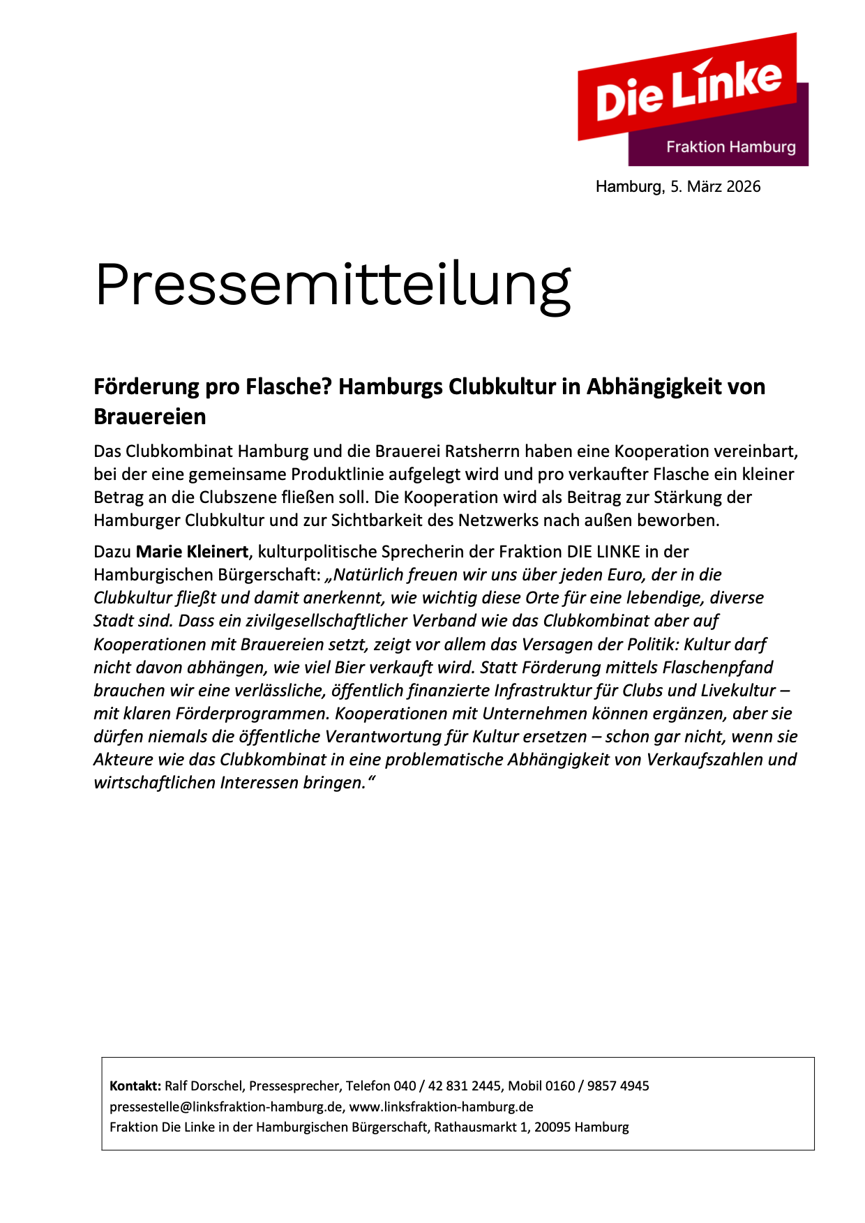 Förderung pro Flasche? Hamburgs Clubkultur in Abhängigkeit von Brauereien?