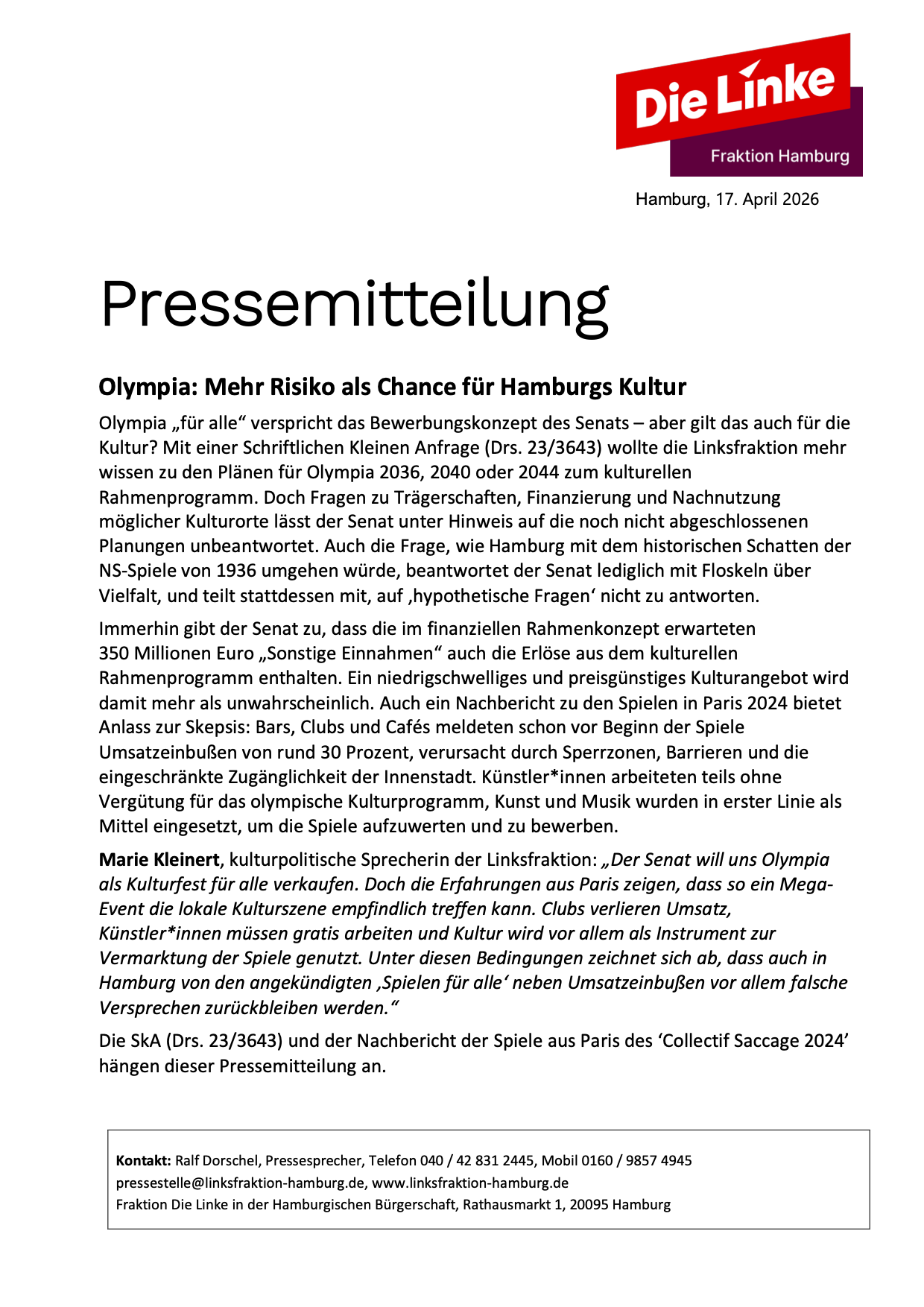 OLYMPIA: MEHR RISIKO ALS CHANCE FÜR HAMBURGS KULTUR