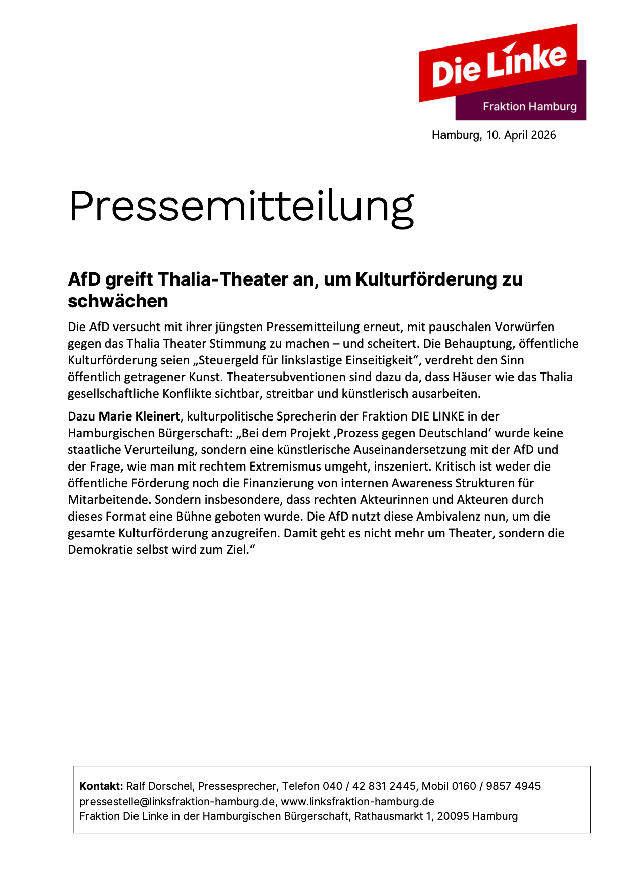 AfD greift Thalia-Theater an, um Kulturförderung zu schwächen